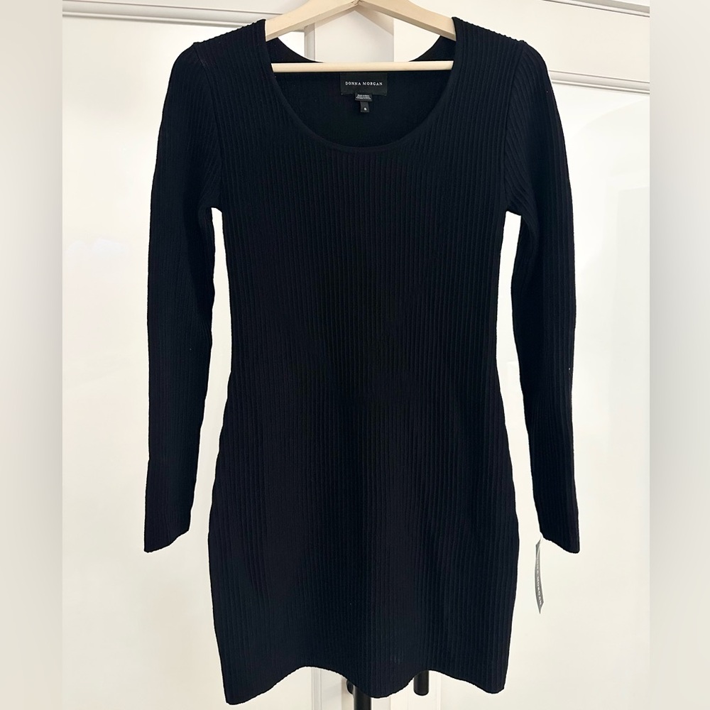 Black Mini Dress New NWT Small S Donna Morgan Ribbed Long Sleeve
